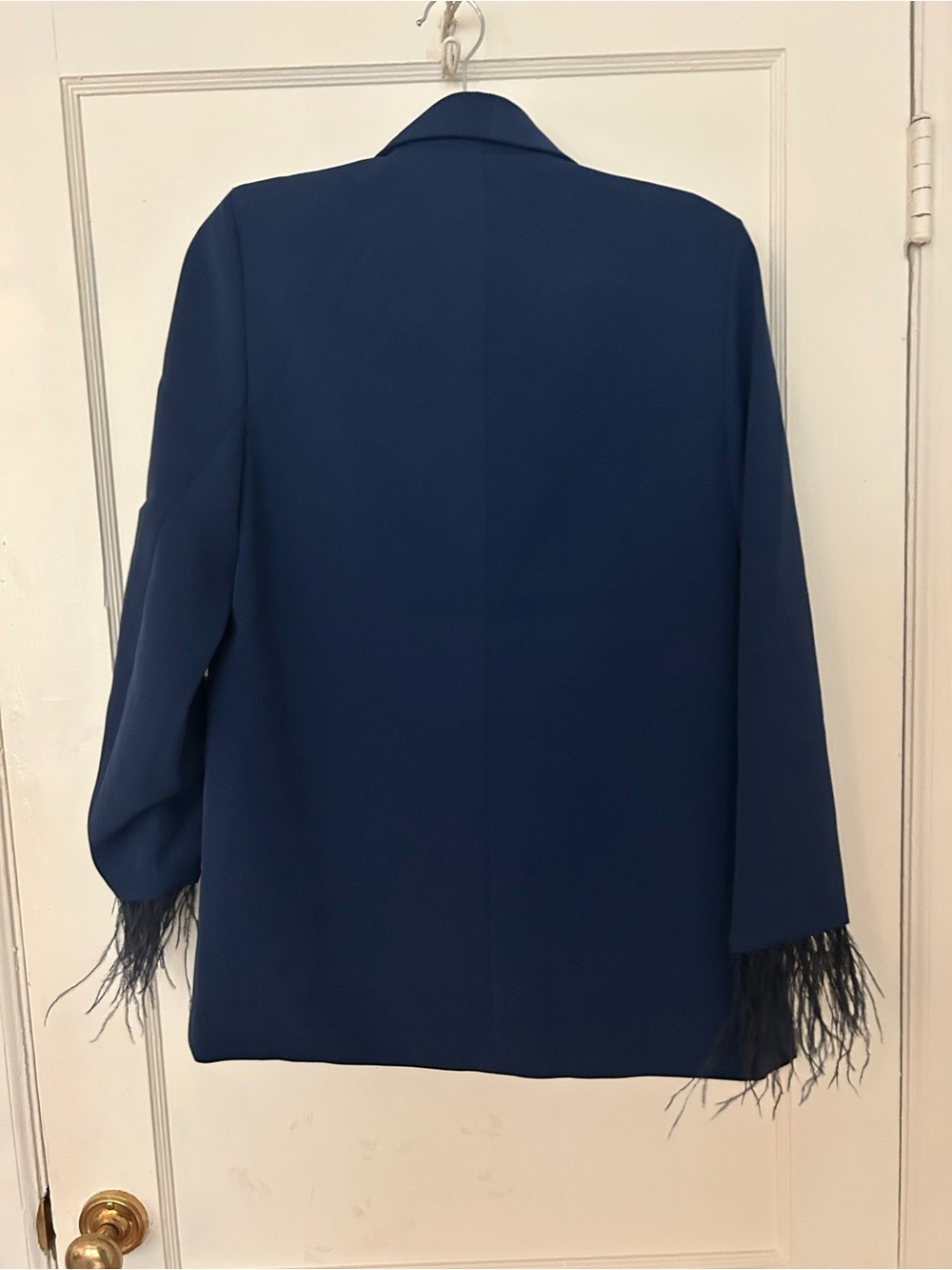 Wayf Navy Blazer with Feather Sleeve Trim